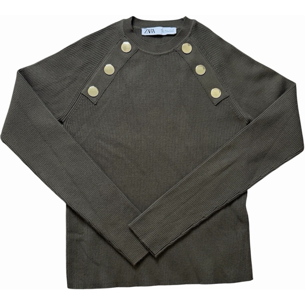 Zara Ribbed Military Button Shoulder Knit Sweater Olive‎ Green Gold Buttons M